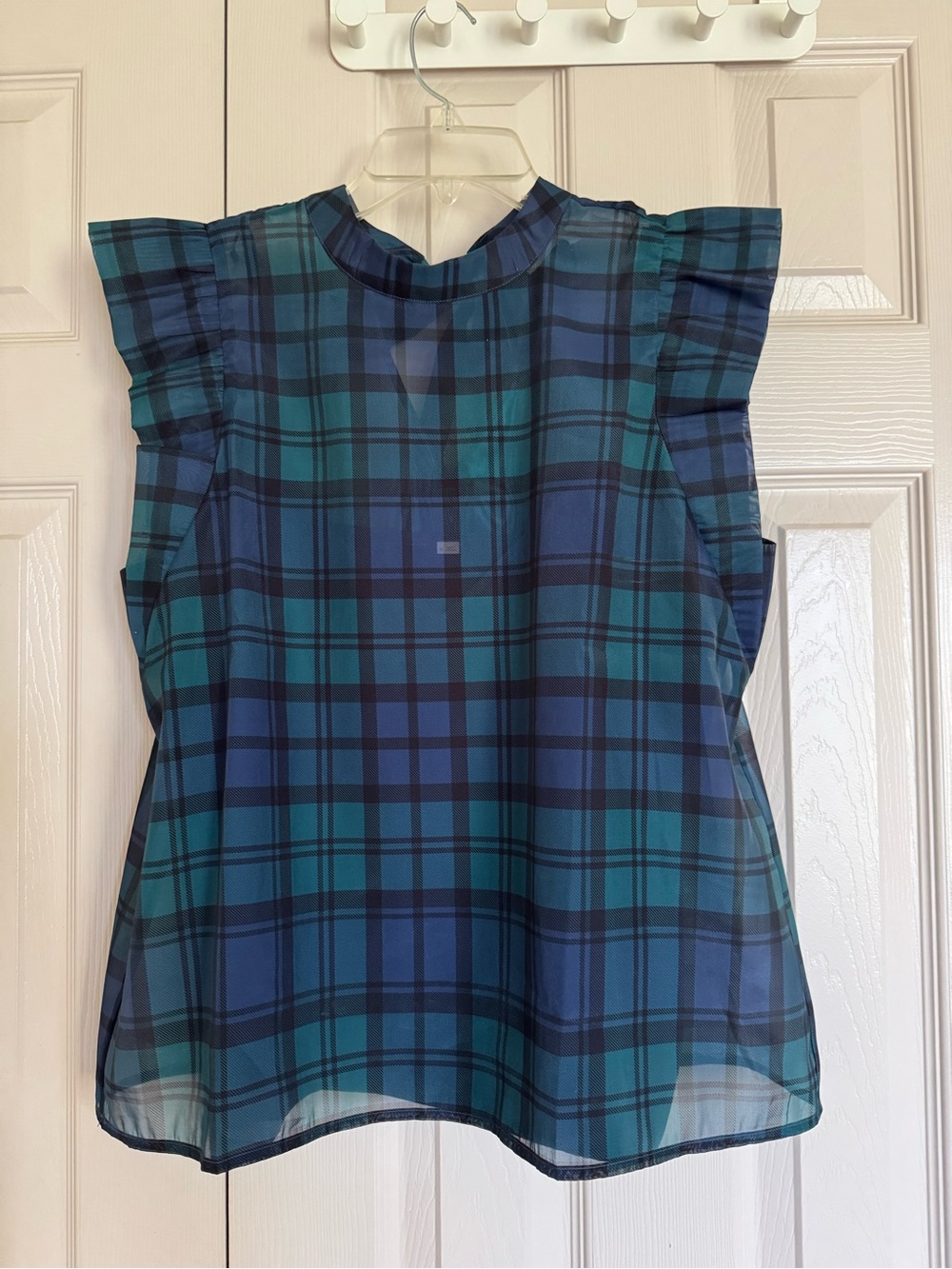 Loft Sleeveless Navy/Green Tartan Bow Blouse 2 Piece Size Medium
